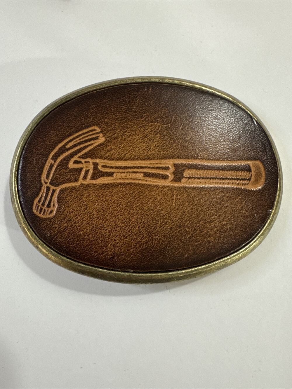 Vtg El Cid Belt Buckle Leather Brass Hammer Tool Carpenter Western Construction